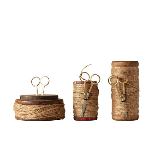 wood spools with twine, set of 3